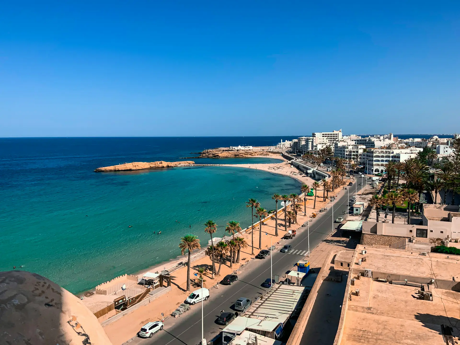 The turquoise bay and seafront of Monastir seen from above, the last stop of the Sousse day trip